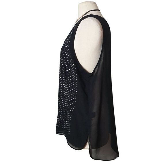 Pretty Rebellious Sleeveless Studded Blouse XL Black Sheer With Silver Front Chi - Picture 2 of 6